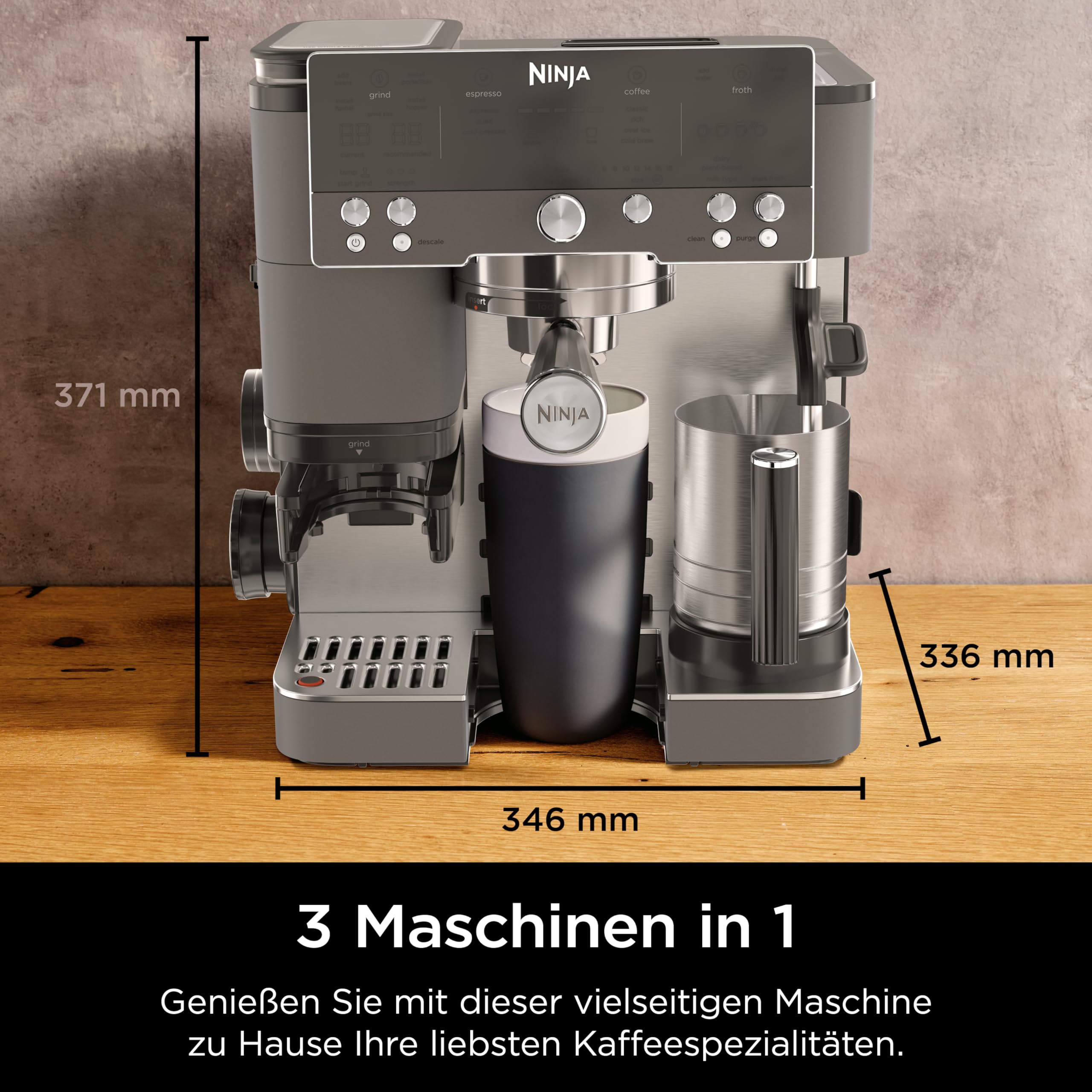 Ninja Luxe Premier 3-in-1 Kaffeemaschine, für Espresso, Cold Brew & Filterkaffee, 4 automatische Schaumeinstellunge, Grau-Metall, ES601EUGM 2
