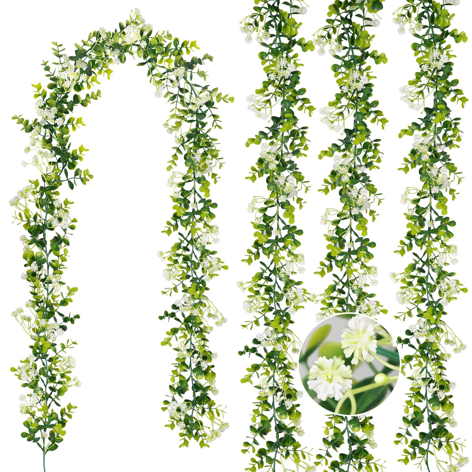 Photo 1 of HIAGROW 6FT Eucalyptus Garland with Flowers, 4 Pack Greenery Hanging Faux Eucalyptus Garland Suitable for Table Wedding Backdrop Arch Wall Party Thanksgiving UV Protected Indoor Outdoor Decorations