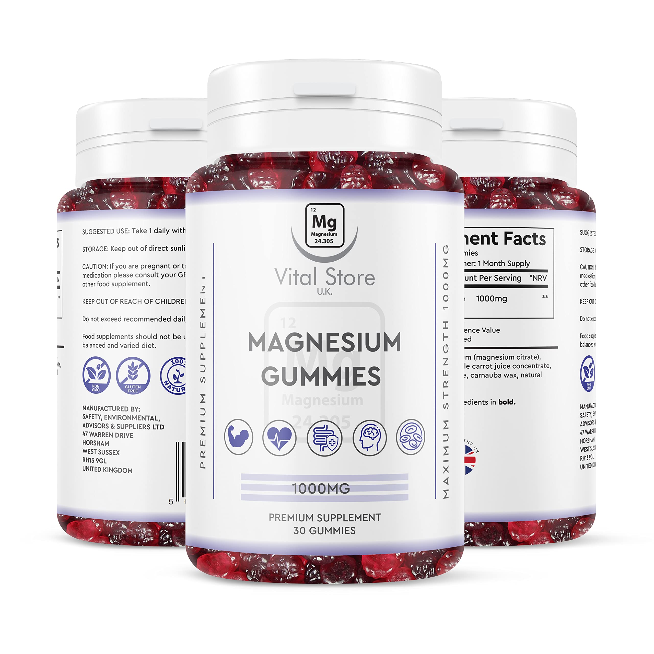 Magnesium Gummies 1000MG - Vegan 1 Month Supply - Berry Flavour - High Strength Magnesium Gummies - Magnesium Supplements, 30 Count (Pack of 1)