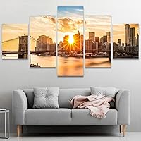 SIGNWIN Framed Canvas Wall Art Brooklyn Bridge and The New York Skyline at Sunset as viewed from Manhattan Bridge Coastal Ocean Panoramic Relax/Calm for Living Room, Bedroom, Office - 60