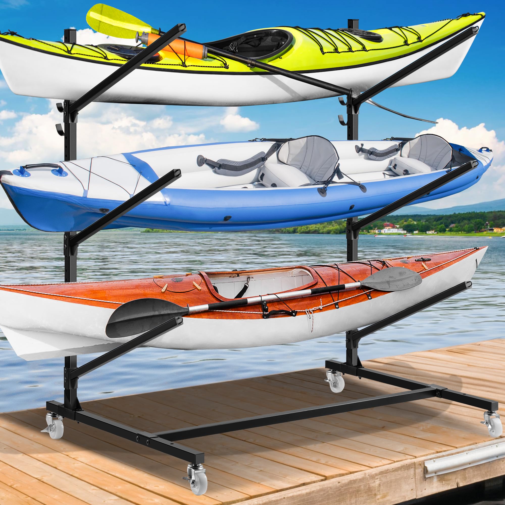 Photo 1 of ***FACTORY SEALED***???? ???????? Kayak Storage Rack for Outdoor Indoor Storage, 3 Levels Heavy Duty Freestanding Kayak Stand with Wheel & Paddles Rack, Adjustable Height Paddle Board Canoe Rack Up to 450LBS