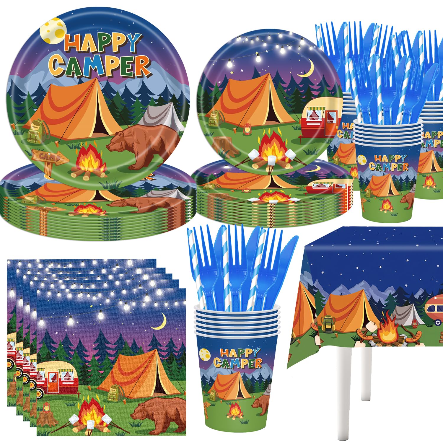 Photo 1 of 141Pcs Camping Birthday Party Decorations Bonfire Plates and Napkins Cups Straws Cutlery Sets Supplies for Happy Camper Baby Shower Decor Camping Theme Party Decorations