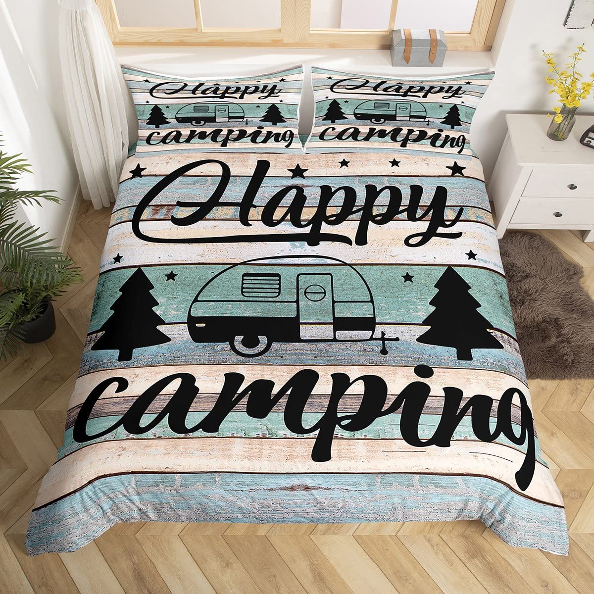 Loussiesd Camping Decor Duvet Cover Great Camping Bedding Set Teal Blue Wooden Plank Comforter Cover for Boys Girls Children Kids Teens Rustic Farmhouse Bedroom Decor RV Decor Bedspread Cover Double