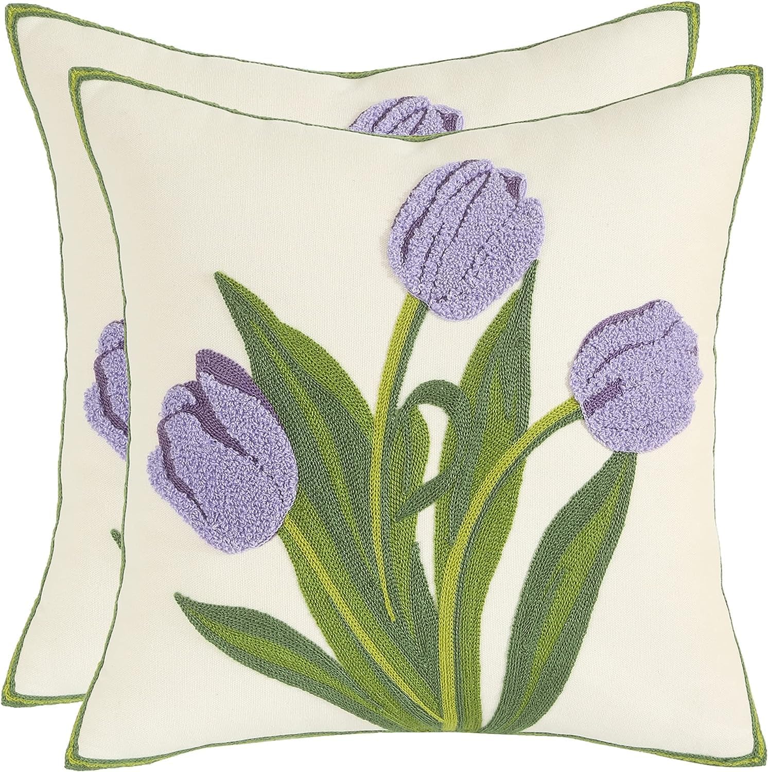 Tosleo Flower Cushion Covers 40 x 40 cm Throw Pillow Covers Purple Tulip Embroidery Cotton and Linen Pillow Case for Sofa Bed Garden Patio Home Decor Set of 2