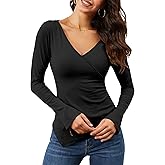 TAIPOVE Women's Long Bell Sleeve V Neck Ribbed Shirt Asymmetrical Hem Going Out Tops Slim Fit Trendy Fall Winter Outfits