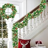 Christmas Garland with Lights, 50 LEDs 9FT Prelit Garland Battery Operated Outdoor Indoor Christmas Decorations Lighted Garland for Stairs Railing Fireplace Mantle Front Door Home Holiday Decor