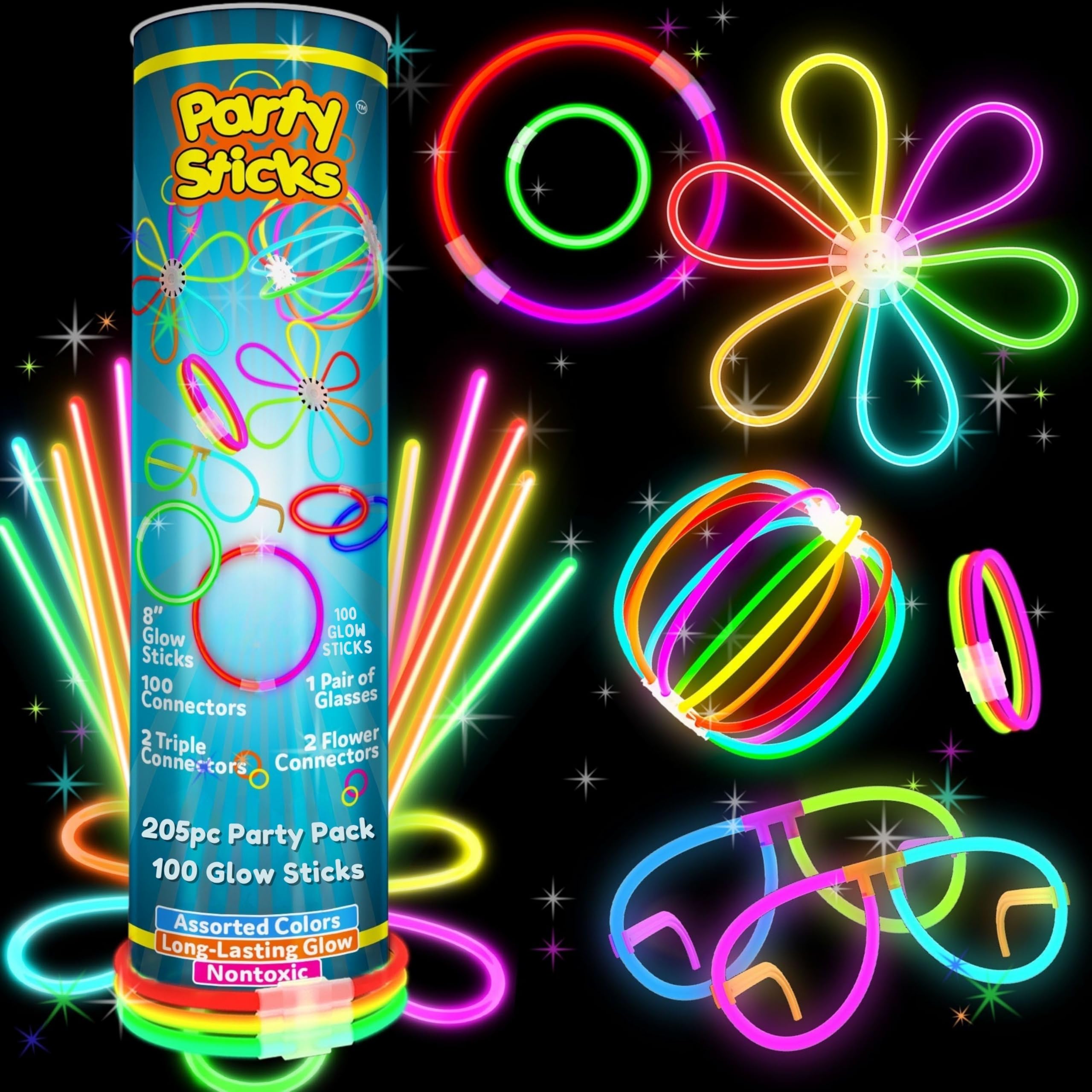 Photo 1 of PartySticks Bulk Party Supplies 205 Piece Glow in The Dark 100 Glow Sticks with Eye Glasses, Bracelets, and Connectors
