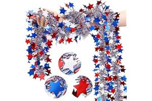 LKBBC 4th of July Tinsel Garland, 33 Feet Patriotic Red White Blue Sparkly Glitter Star Metallic Garlands Deals Parade Golf Cart Tree Decorations for Independence Memorial Day