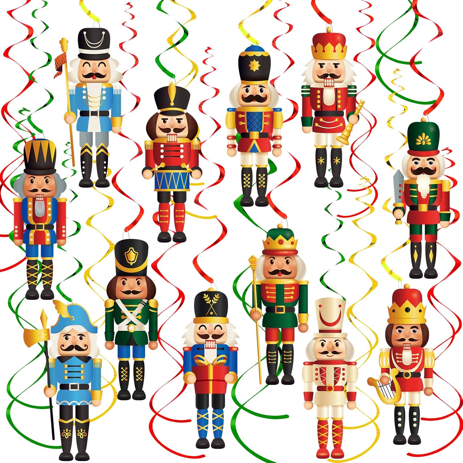 Nutcrackers - 30 Pcs Christmas Nutcracker Swirl Decoration Nutcracker Figures Ceiling Hanging Decor Winter Holiday Nutcrackers Hanging Pendant Spiral Decorations for Xmas Holiday Home Party Supplies (24 Cards Only)