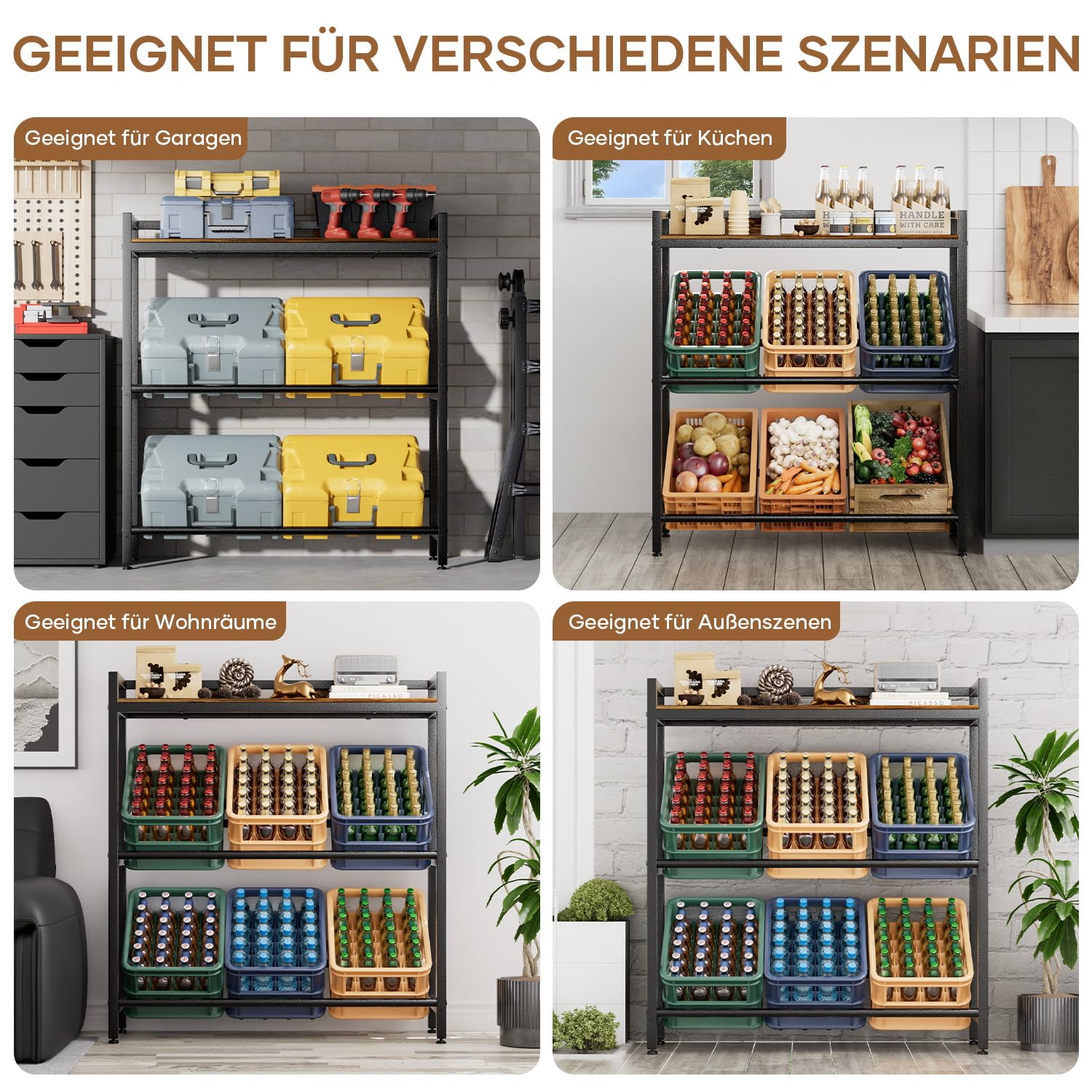 Getränkekistenregal 6 Kisten mit Ablage,33D x 104W x 115H cm Getränkeregal,Stabiler Metall Regal Getränkekisten,Freistehend Bierkisten Regal für Küche Keller Garage,Kistenregal Rustikales Braun 7