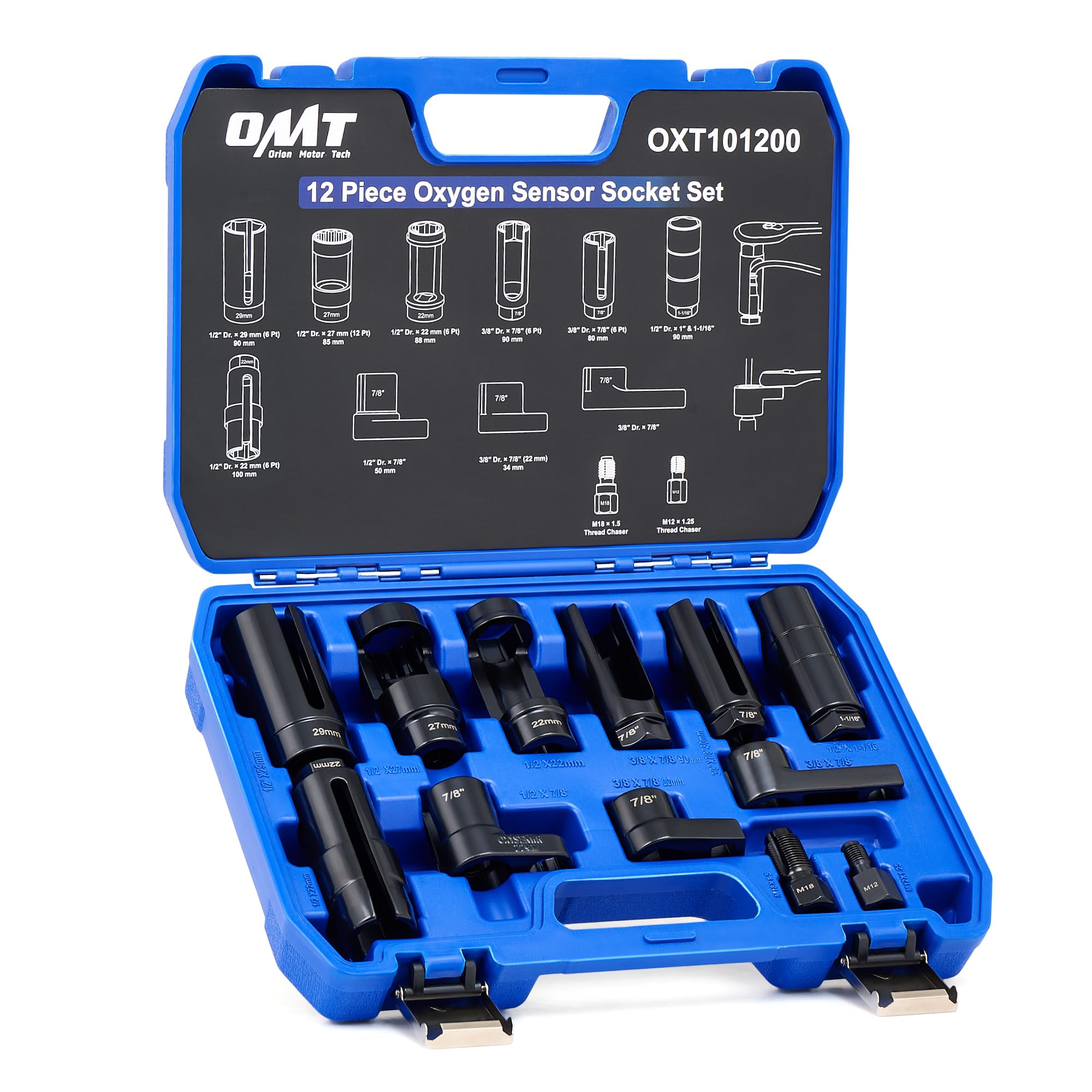 Photo 1 of Orion Motor Tech 12pc Oxygen Sensor Socket Set, O2 Sensor Removal Tool and Thread Chaser Set with 22mm 27mm 29mm 7/8" 1-1/16" Sockets 1/2" 3/8" Drive, for Oil Pressure Vacuum Thermal Oxygen Sensors