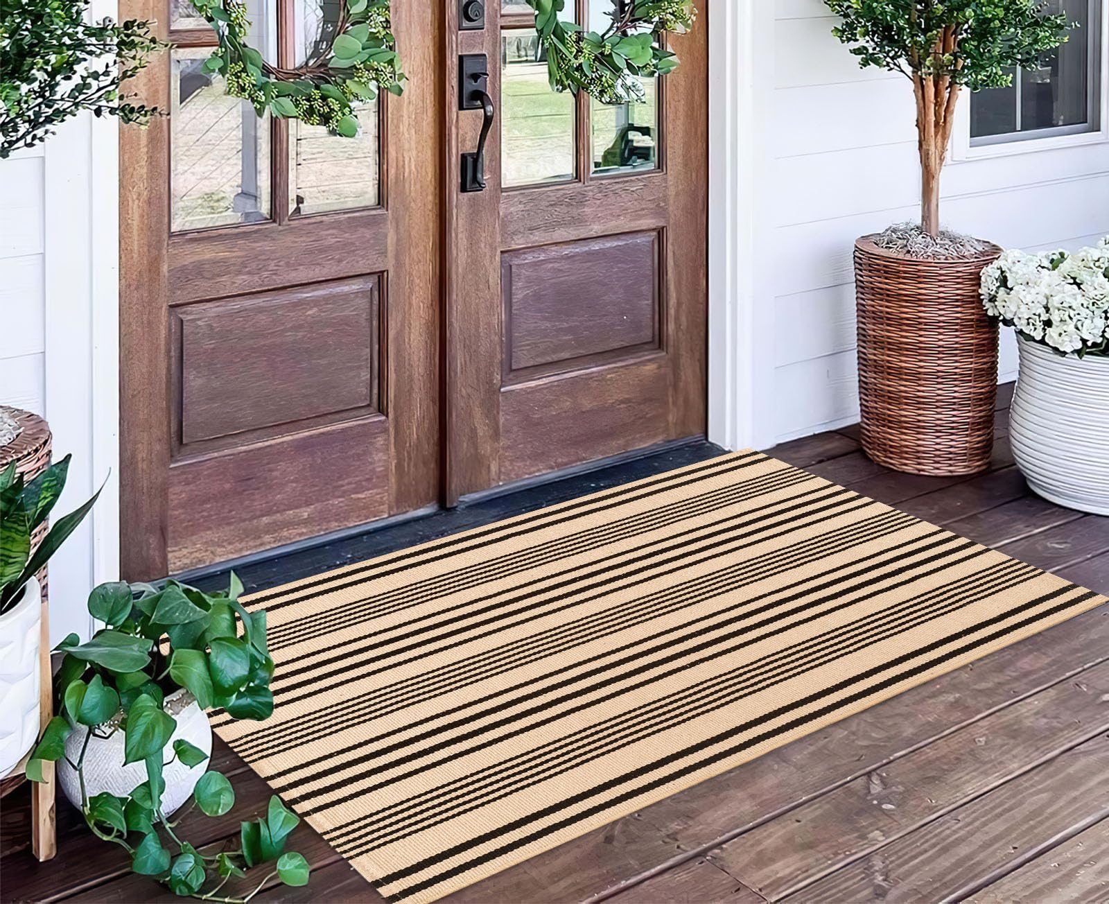 Photo 1 of Black and Tan Outdoor Rug 2'x4',Striped Front Porch Rug Machine Washable Front Door Mat Entryway Throw Rug for Front Porch Indoor Outdoor Doormat