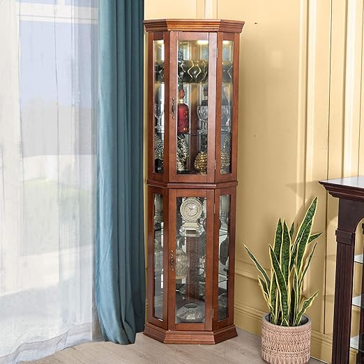 Amazon Com Good Gracious Corner Curio Cabinet With Tempered Glass Door And Light System 6 Tier With Adjustable Glass Shelves Display Cabinet Walnut Kitchen Dining