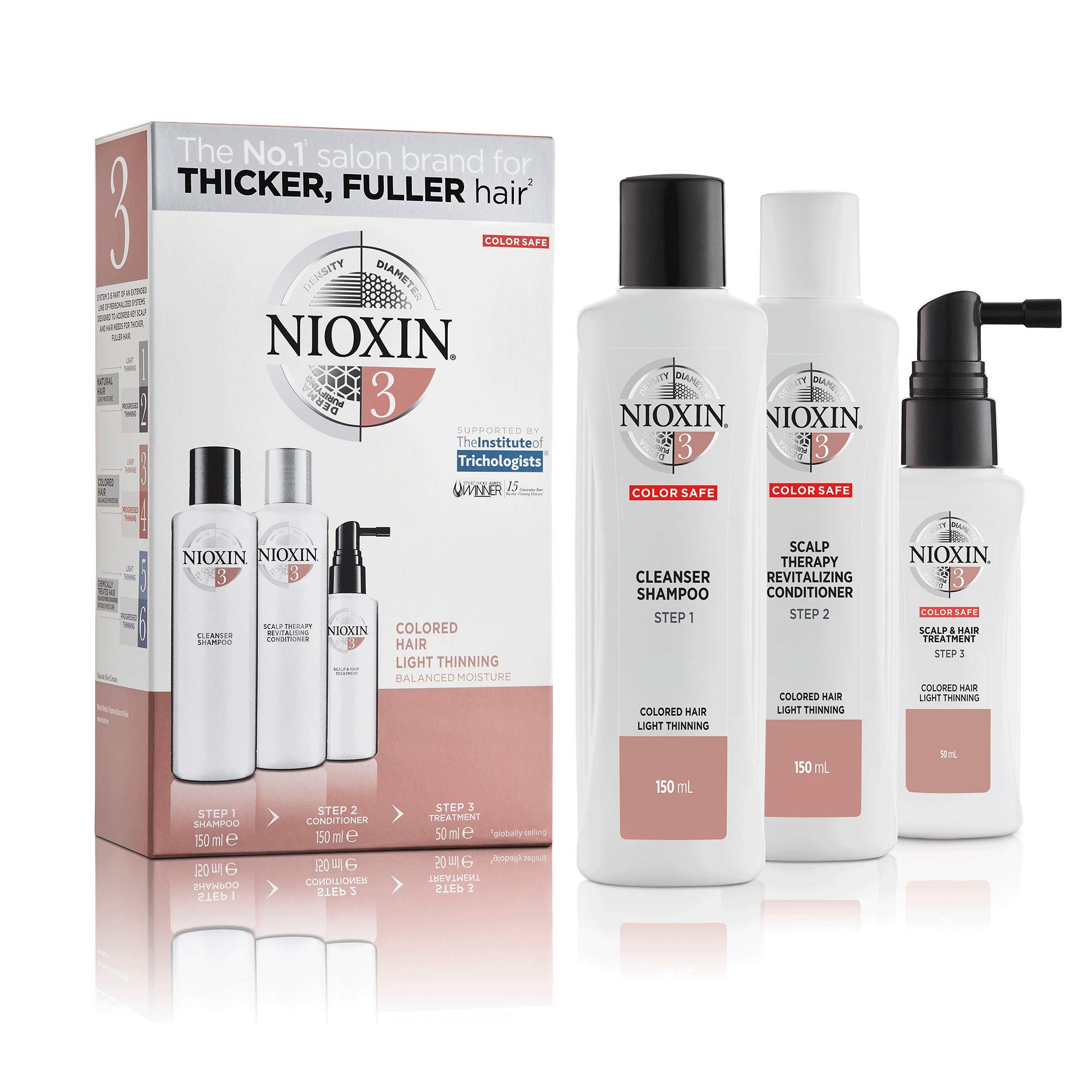 Nioxin 3-Part System, System 3 Coloured Hair with Light Thinning, Hair Thickening Treatment, Scalp Therapy, Trial Kit