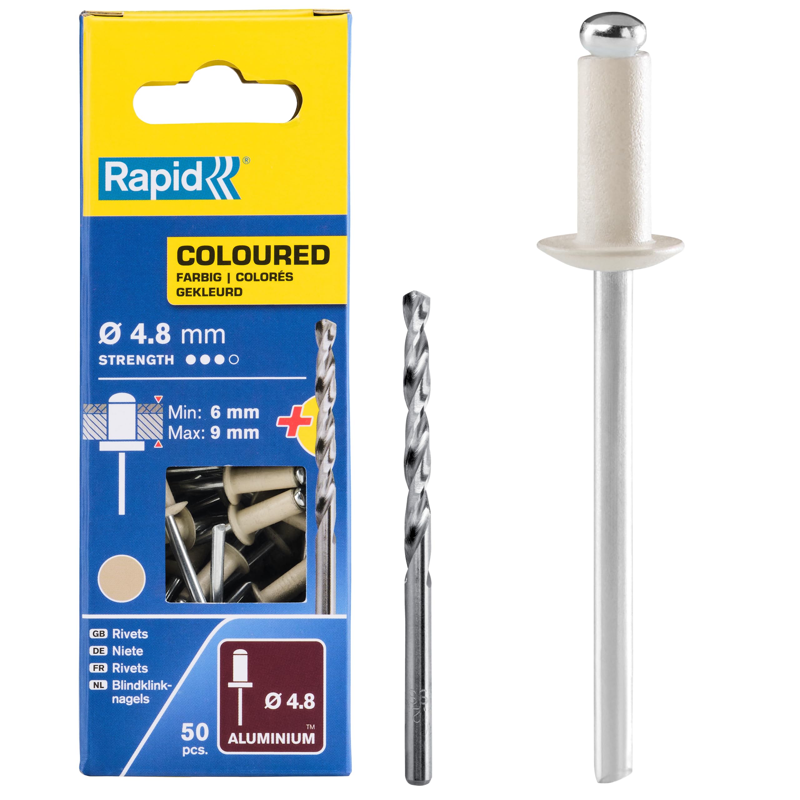 Rapid High Performance Cream White Aluminium Rivets, Ø4.8 x 12 mm - 4mm Rivets for Gutters, Piping, and Sheet Metal - Includes Drill - 50 Pieces, Carton Boxed (5001469)
