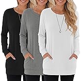 Oakgarden 3 Pack Women's Casual Long Sleeve Sweatshirts, Crew Neck Pullover Tunic Tops Loose Oversized T Shirts with Pockets(Black, Gray, White,XX-Large)