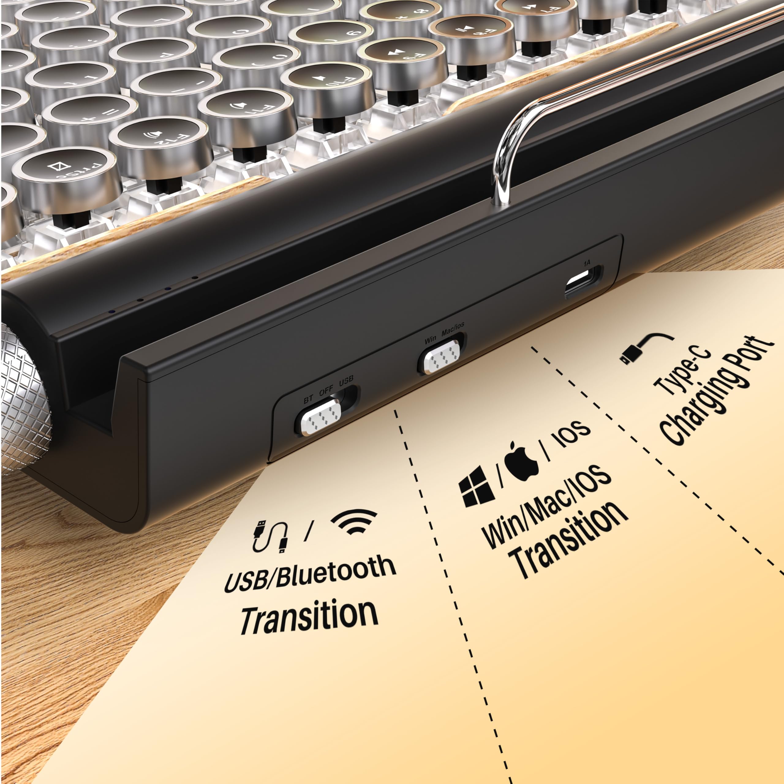 Retro Typewriter Wireless Mechanical Gaming Keyboard, Bluetooth 5.0 Office Computer Vintage Keyboards 83-Key Blue Switches Punk Round Keycap, LED Backlight, Compatible with PC/Laptop/Pad/Phone, Wood