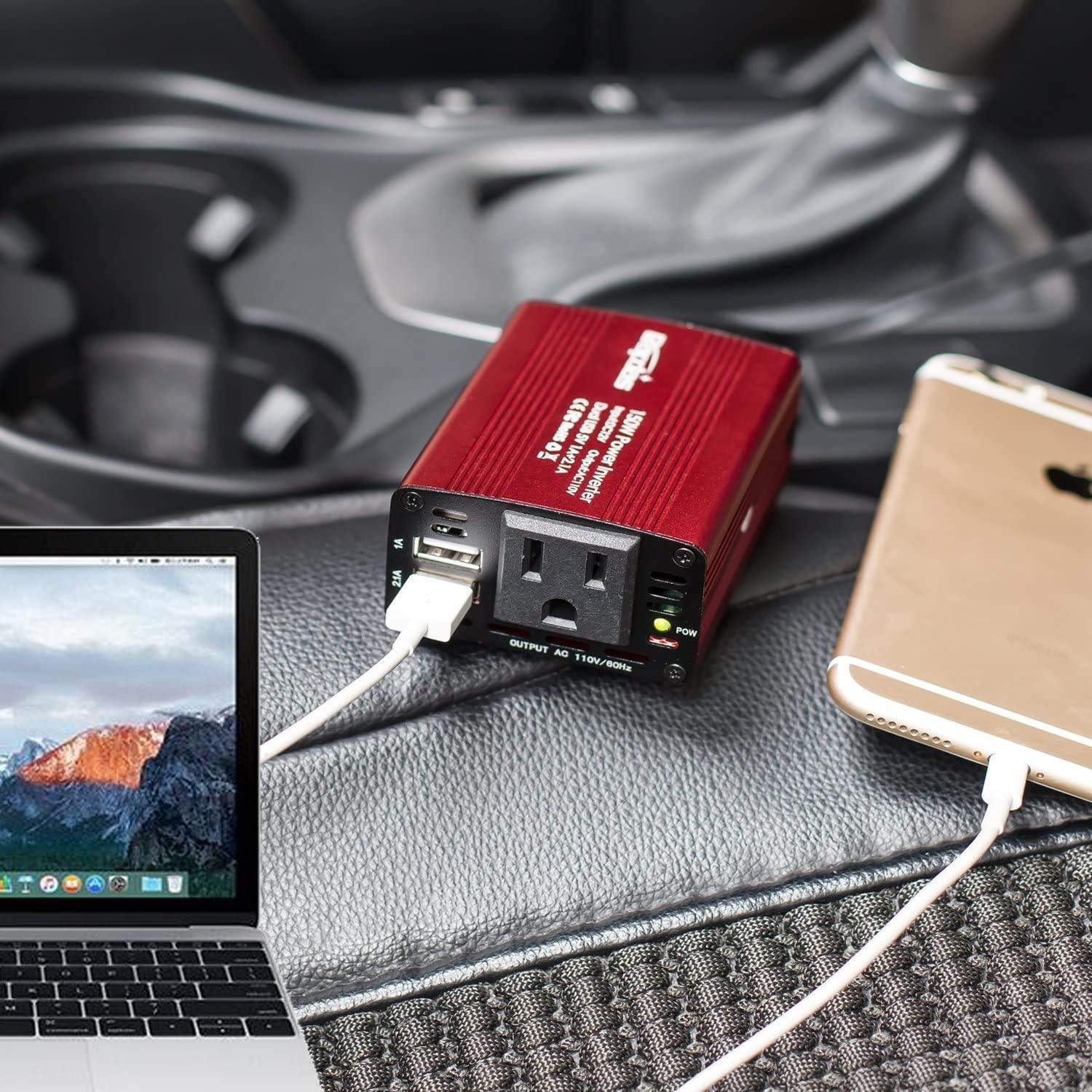 Bapdas 150W Car Power Inverter DC 12V to 110V AC Car Converter with 3.1A Dual USB Car Adapter-Red