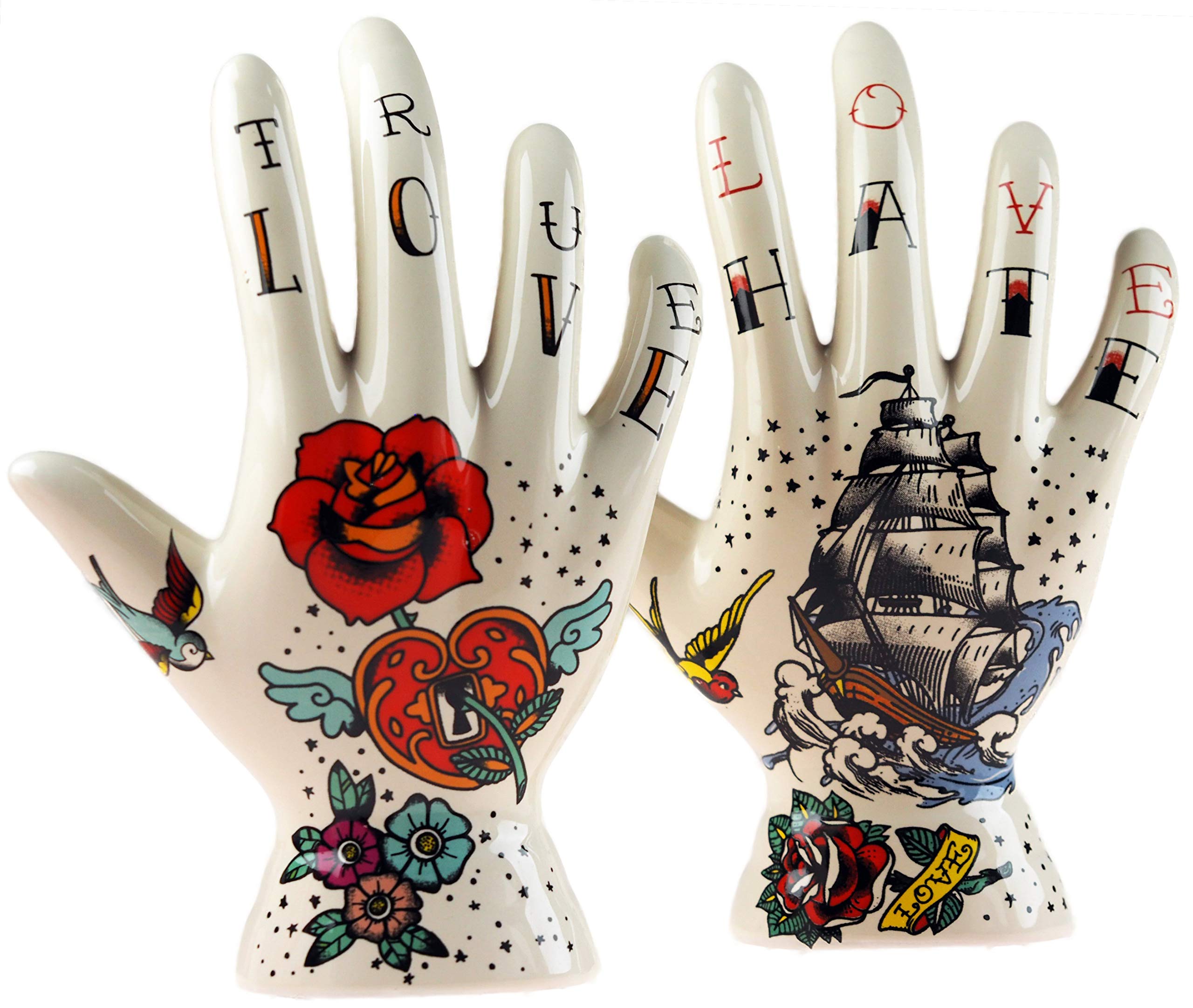 Temerity Jones Set Of 2 Palmistry Tattoo Hand Decorative Ornaments - Love Hate Design