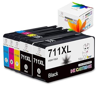 Miss Deer 711XL 711 XL Ink Cartridge 5 Pack Ink Cartridge Replacement for HP Printer Designjet T120 24 inch T520 (2 Black, 1 Cyan, 1 Magenta, 1 Yellow) Ink