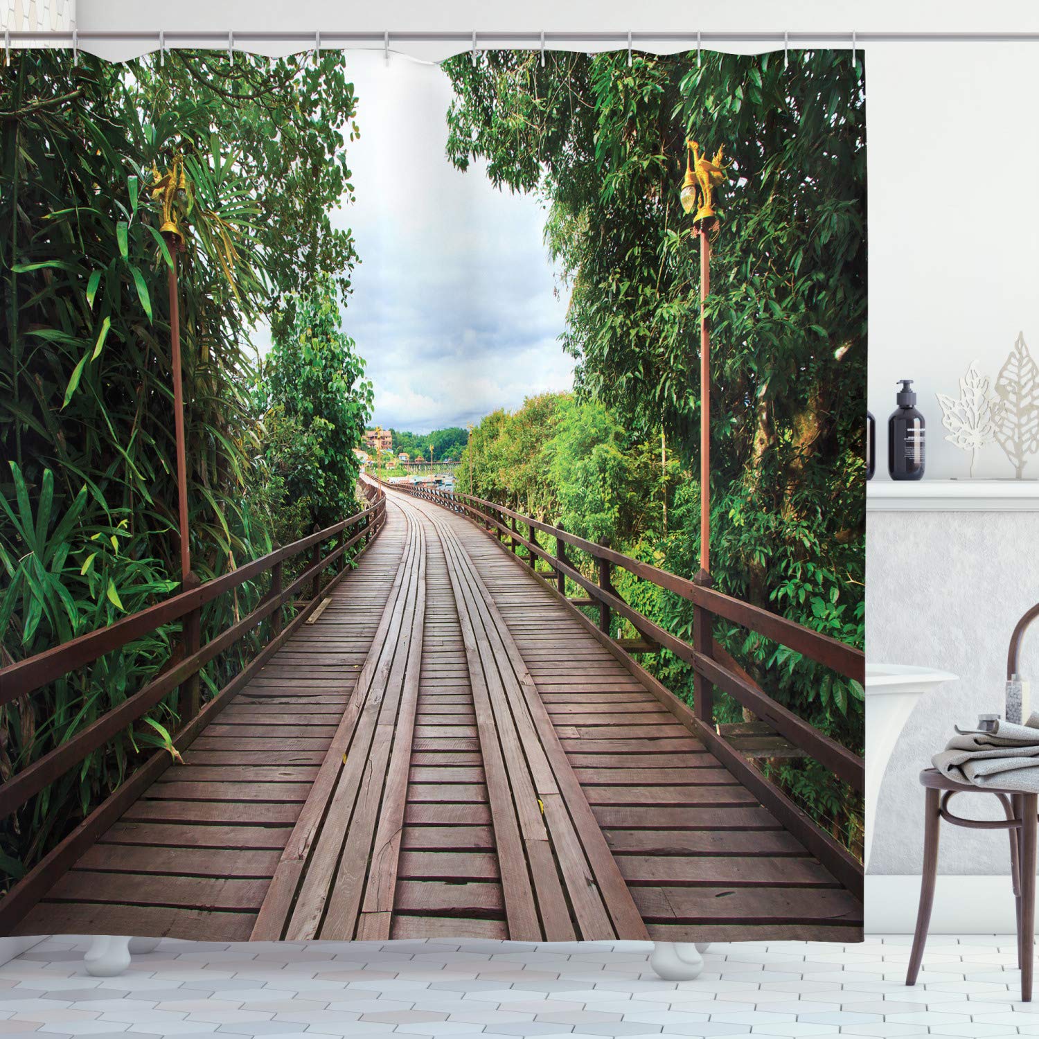 ABAKUHAUS Landscape Shower Curtain, Wooden Bridge Between Exotic Trees Jungle Freshening Relax Road Nature Image, Cloth Fabric Bathroom Decor Set with Hooks, 78 Inches, Brown Green