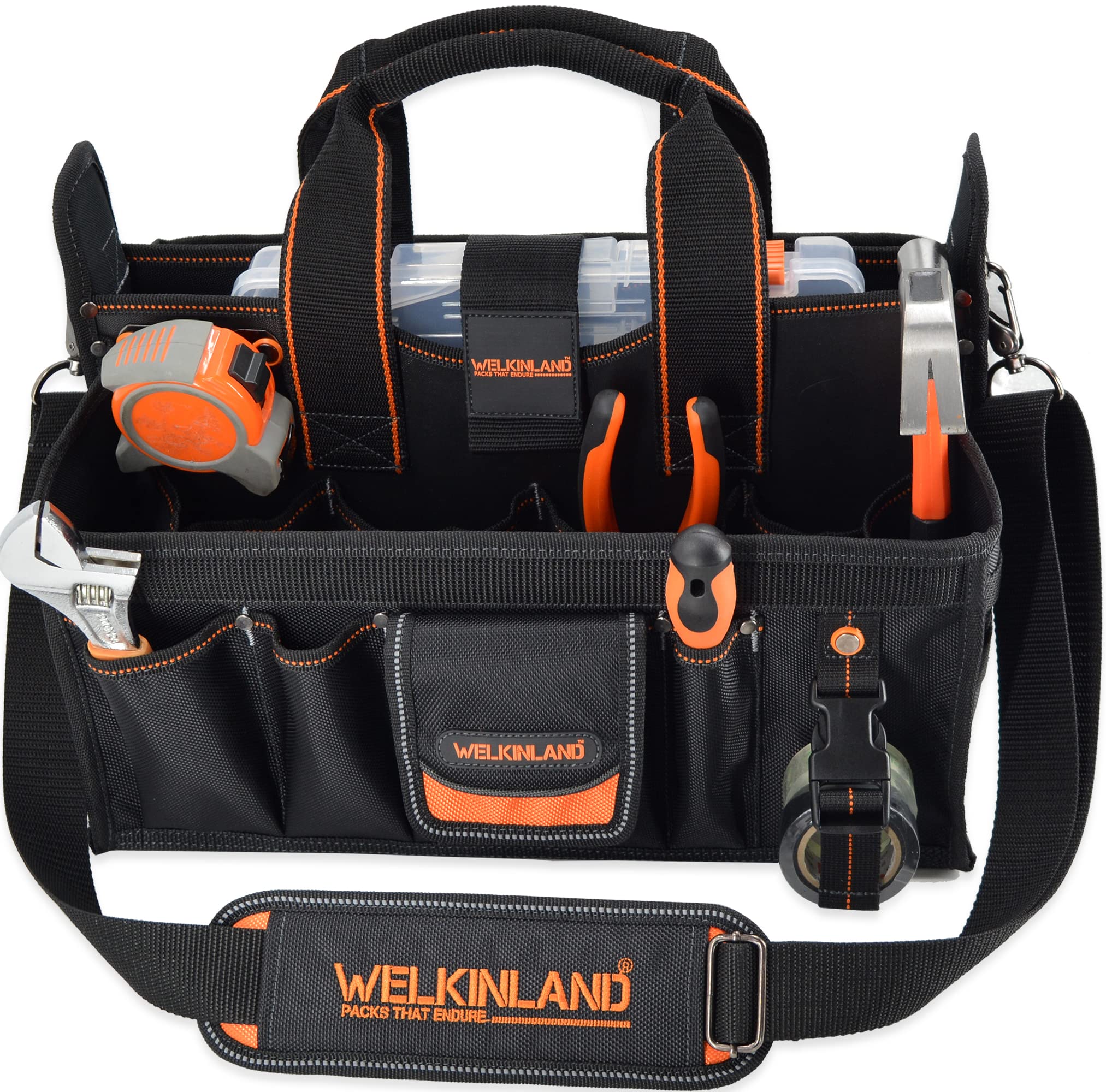 WELKINLAND 19-POCKETS Tool tote, HVAC tool bags organizer, Heavy-Duty electrician tools bag, Tool tote bag w/socket organizer tool boxes, Stay-Up maintenance tools bags