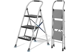 DIAMONDFORGE Step Ladder Foldable Folding Stool - for Home Adults Kitchen 3 Stepping Extension Tall Heavy Duty with Handrails - Closet Stepstool Stair Ladders Extendable Stepladder for Indoor House 600Lbs