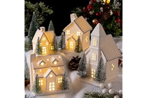 FTEJUWJ 4 Pcs Ceramic Christmas Village Set LED Porcelain Village House，Light Up Christmas Village Houses with Xmas Trees Por