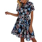 BTFBM Womens Dresses Cute Polka Dot Print Button Down Short Sleeve A-Line Elastic Waist Summer Casual Swing Dress