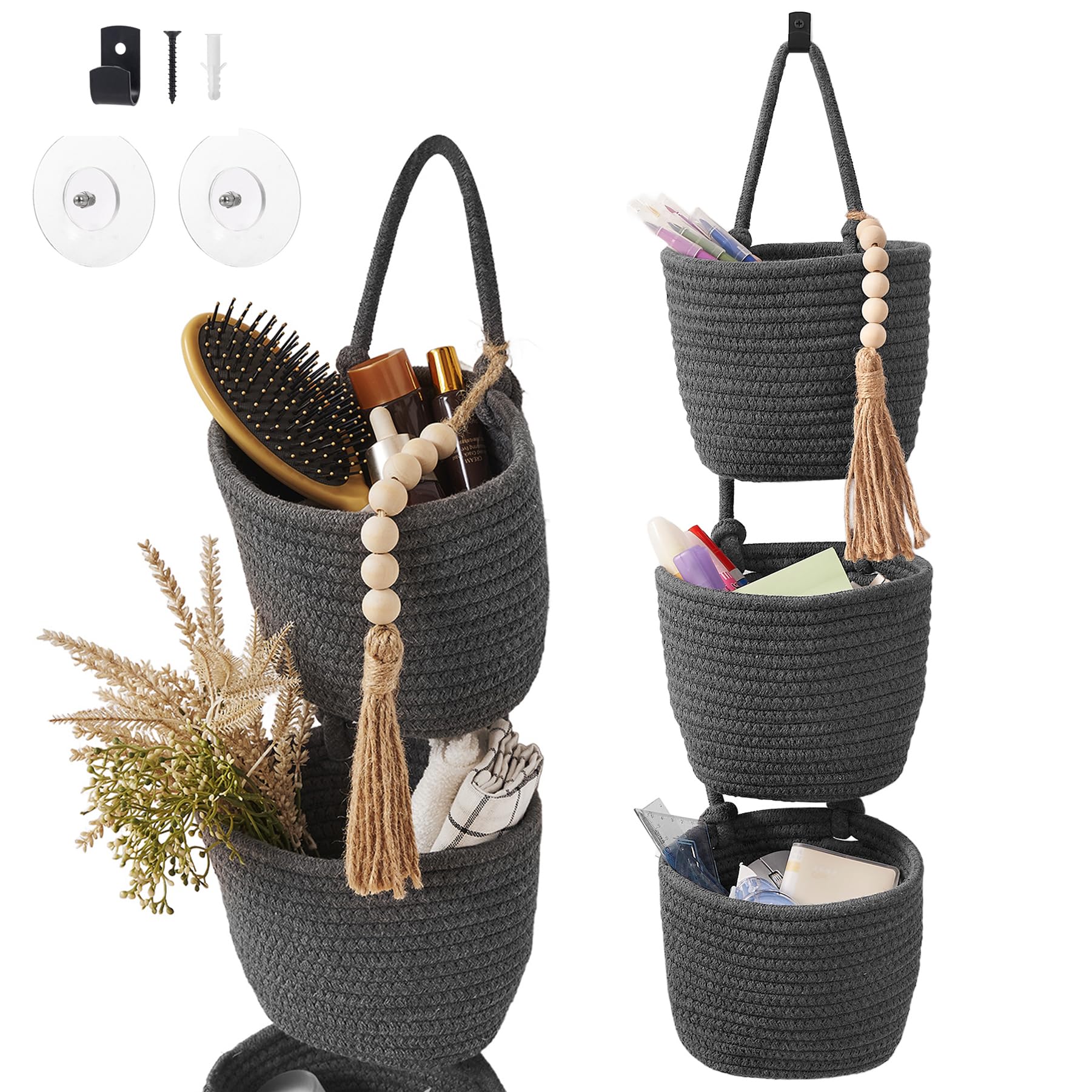 Photo 1 of (MISSING HARDWARE) Fabric Wall Hanging Organizers - Small Woven Baskets Pouches Set Boho Style Wall Mounted Bag with Adhesive Hook, Storage Decoration Pocket Caddy for Closet Playroom RV Nursery (Gray & Black)