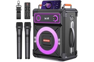 BIGASUO Wooden Karaoke Machine with 2 UHF Wireless Microphones, Portable Bluetooth Speaker with Treble/Alto/Bass Adjustment, Flashing LED Lights, Remote Control, TF Card/USB/AUX in, TWS for Party