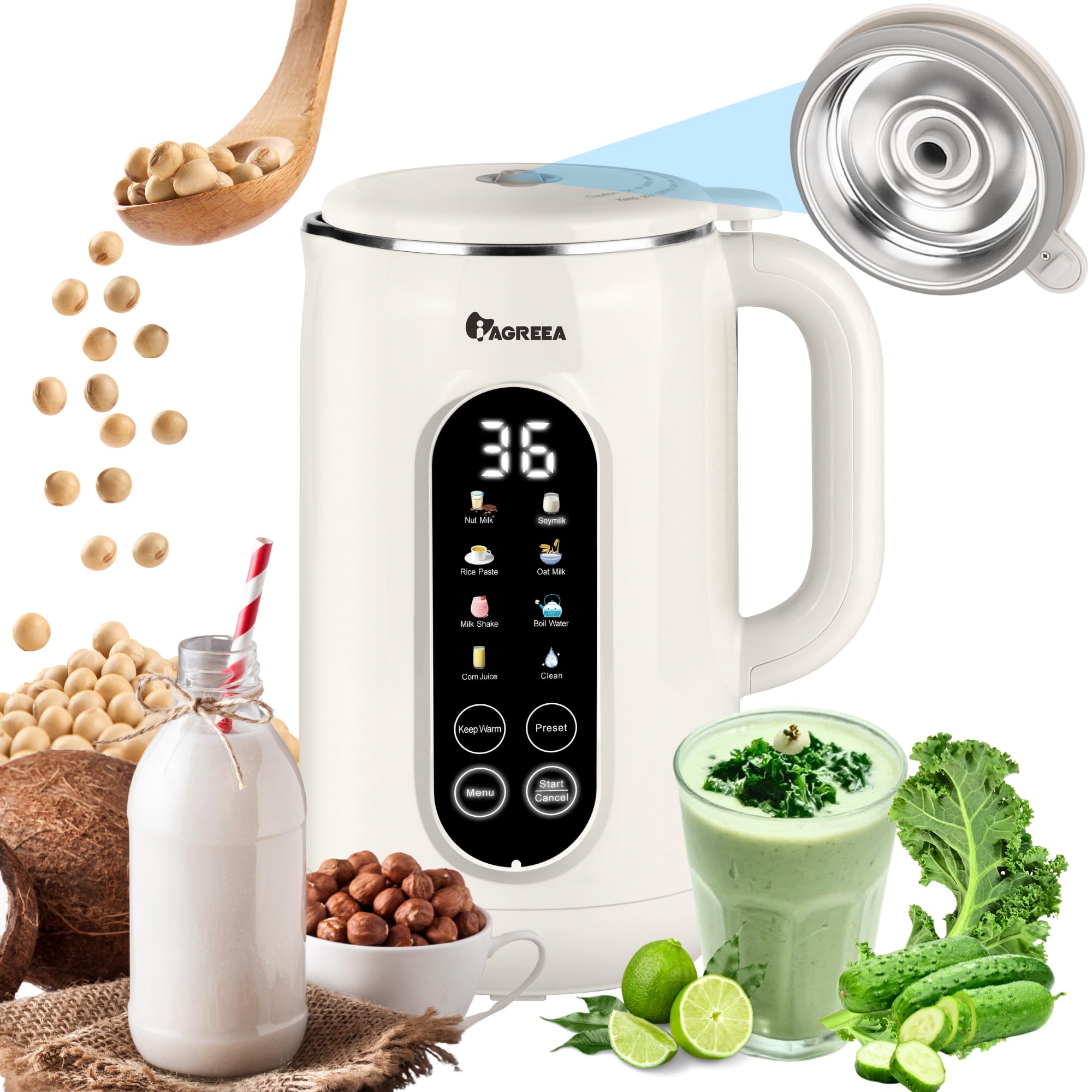 Photo 1 of IAGREEA 35oz Nut Milk Maker Machine Stainless Steel Lid BPA Free, 8in1 Soy Milk Maker for Homemade Milkshake/Nut/Oat, 10 Blades Electric Blender with Delay Start/Boil Water/Self Cleaning, Easy of Use