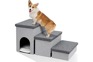 HEEYOO Dog Stairs for Small Dogs, Foldable Dog Steps for Couch and High Bed, 3-Step Pet Stairs with Storage and Pet House, Non-Slip Dog Ramp for Small Medium Large Dogs and Cats, Up to 200 Lbs
