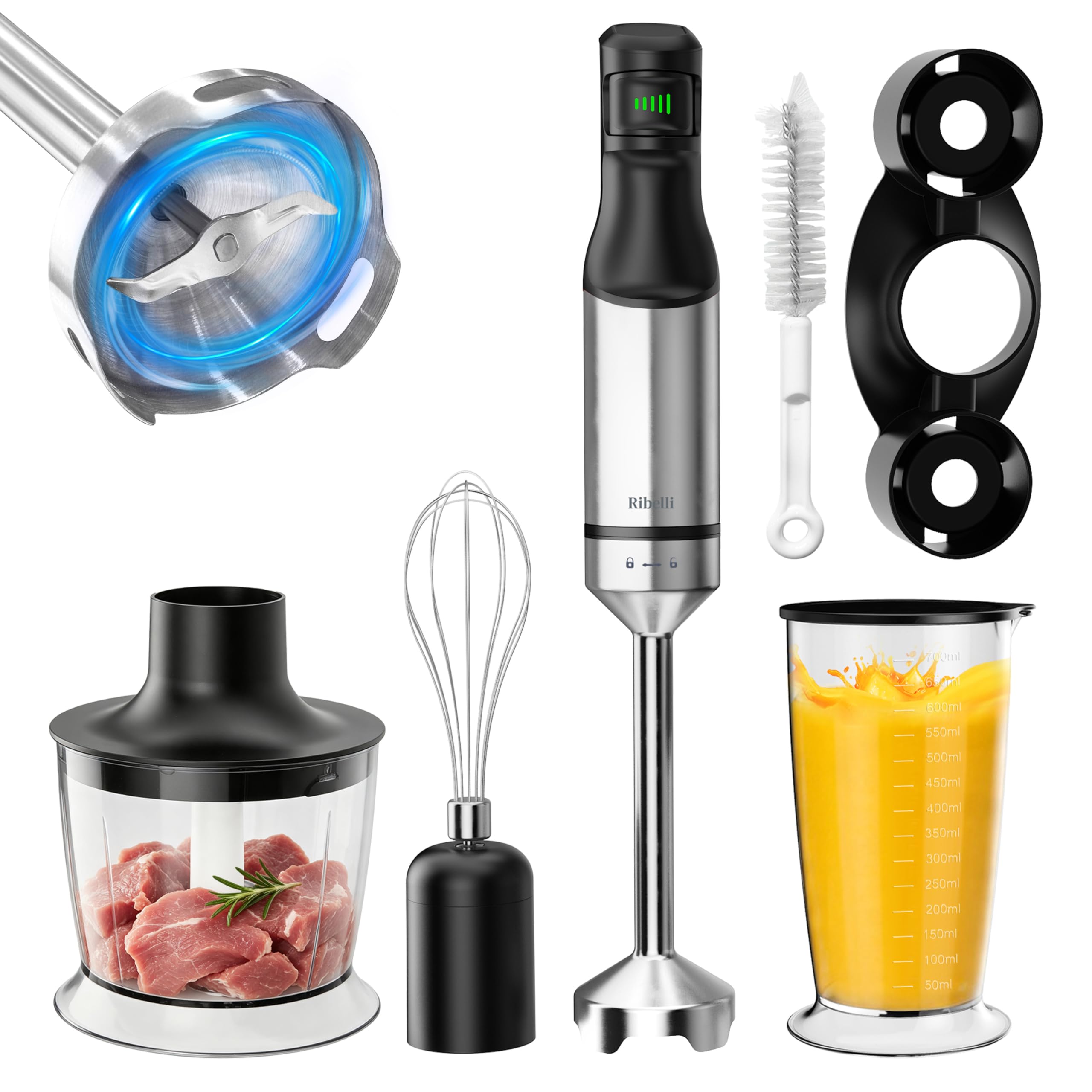 Ribelli Stabmixer Set 5-in-1 leistungsstark mit 1200W – Edelstahl Pürierstab stufenlos, Hand Blender & Mixer Küche inkl. Zerkleinerer, Schneebesen, Messbecher 700ml & Halterung für Suppe & Smoothie