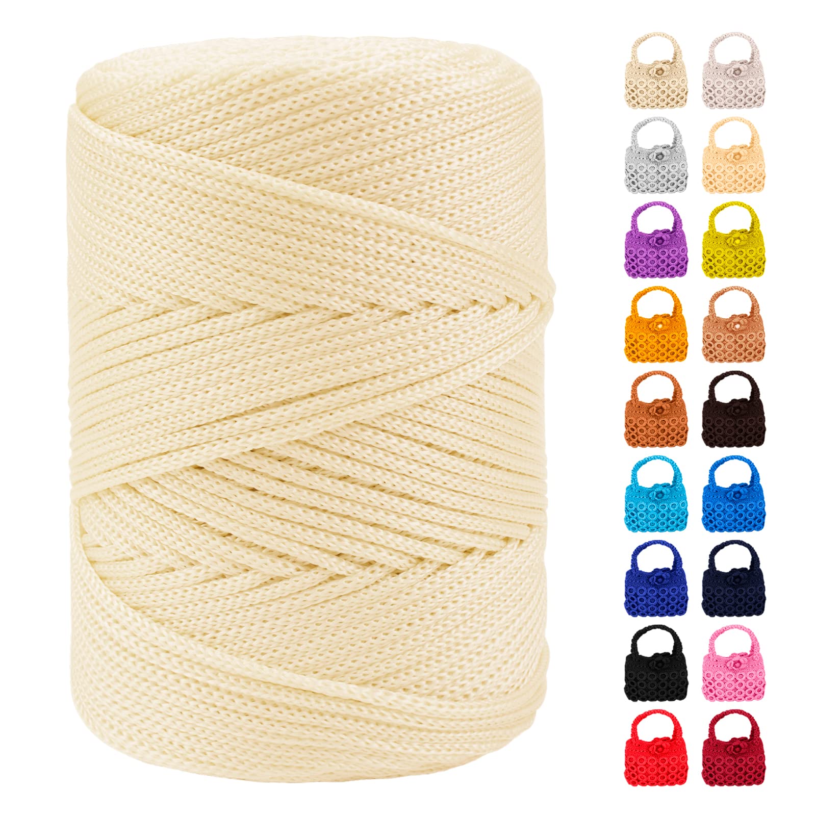 LEREATI Polyester Macrame Cord 3mm for Crocheting, 170m Braided Macrame Rope Polypropylene Crochet Bag Cord, Polyester Yarn for Basket Bags DIY Crafts Home Decoration (Milky White)