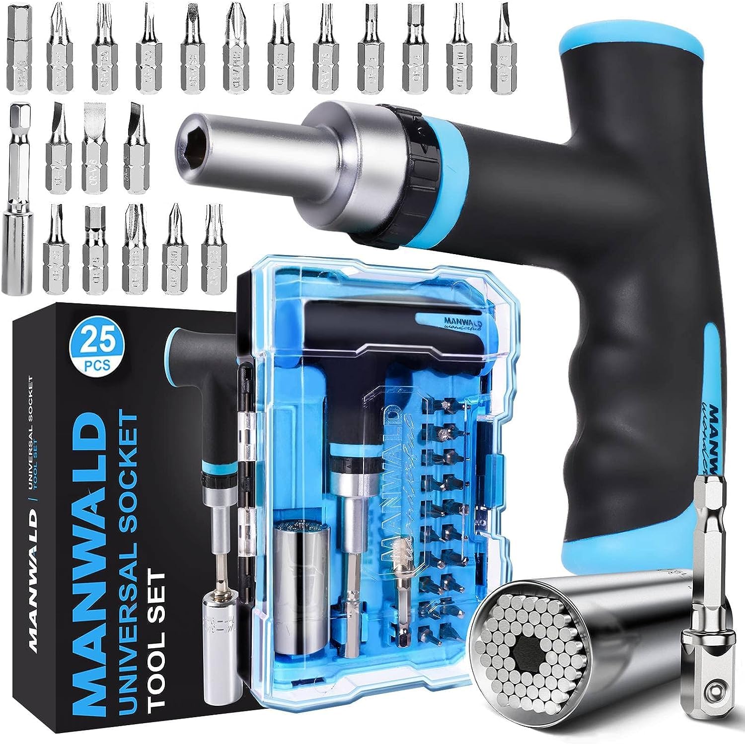 MANWALD Universal Socket Tool Set, Ratcheting T-Handle Screwdriver Set with Power Drill Adapter, Fathers Day Dad Gifts from Daughter Wife Son, Gifts for Men, Him, Women, Dad, Blue