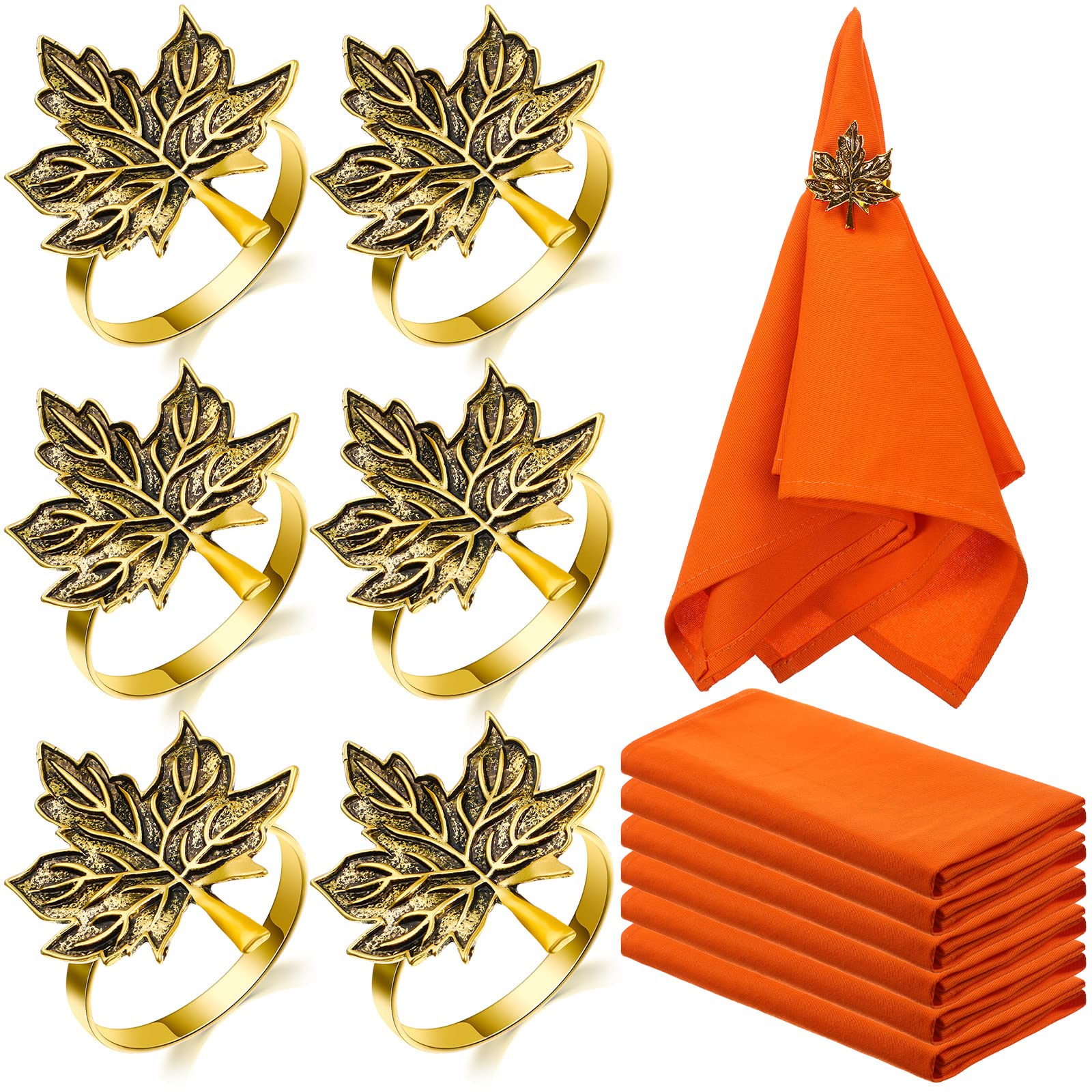 Photo 1 of 12 Pcs Thanksgiving Napkin Rings and Cloth Napkin 17 x 17 Inch Washable Thanksgiving Dinner Napkins Maple Leaves Ring Holders for Fall Autumn Party Holiday Kitchen Table Decoration