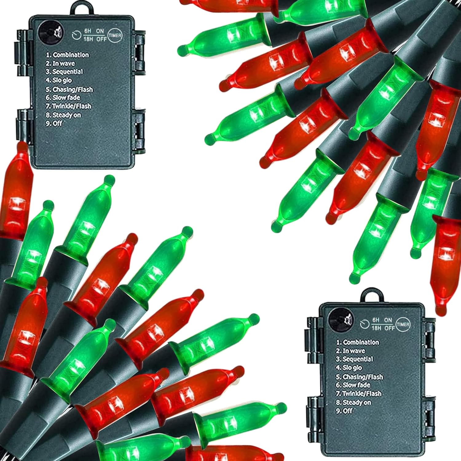 String Lights - Dazzle Bright Battery Operated Christmas Lights, 2 Pack 16 FT 50 LED Clear Mini String Lights Waterproof with 8 Modes for Xmas Indoor Outdoor Yard Holiday Wedding Decorations (Red and Green)