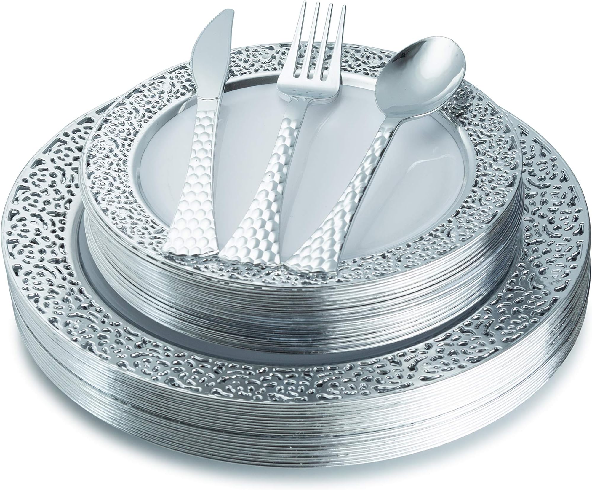 White Silver Plastic Plates and Cutlery Set (100-Count) Elegant Silver Lace Rim, Disposable Dinnerware Silverware Set | 20 Dinner and 20 Dessert Plates, 20 Forks, 20 Knives, 20 Spoons - Posh Setting