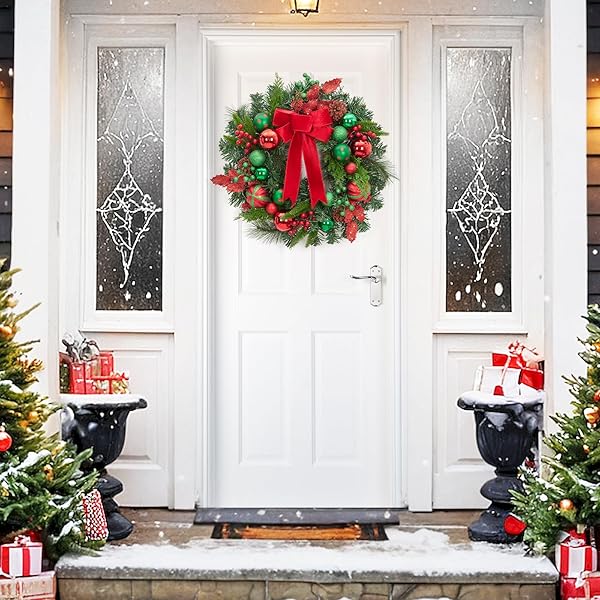 FAIRYLEE CHRISTMAS WREATH FOR FRONT DOOR, 22 INCH LARGE OUTDOOR CHRISTMAS WREATH, LIGHTED XMAS WREATH WITH RED GREEN BALL ORNAMENTS VELVET BOW AND 30 LED LIGHTS FOR FIREPLACE WINDOW HOLIDAY DECOR