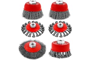 INUSBOJIE Crimped Wire Cup Brush Set Packaged with 6 Different Wire Wheel Brushes for Angle Grinder ,with 4 1/2 Angle Grinder and 5/8”-11 Thread Arbor for Cleaning Rust,Paint Removal(6 Packs )