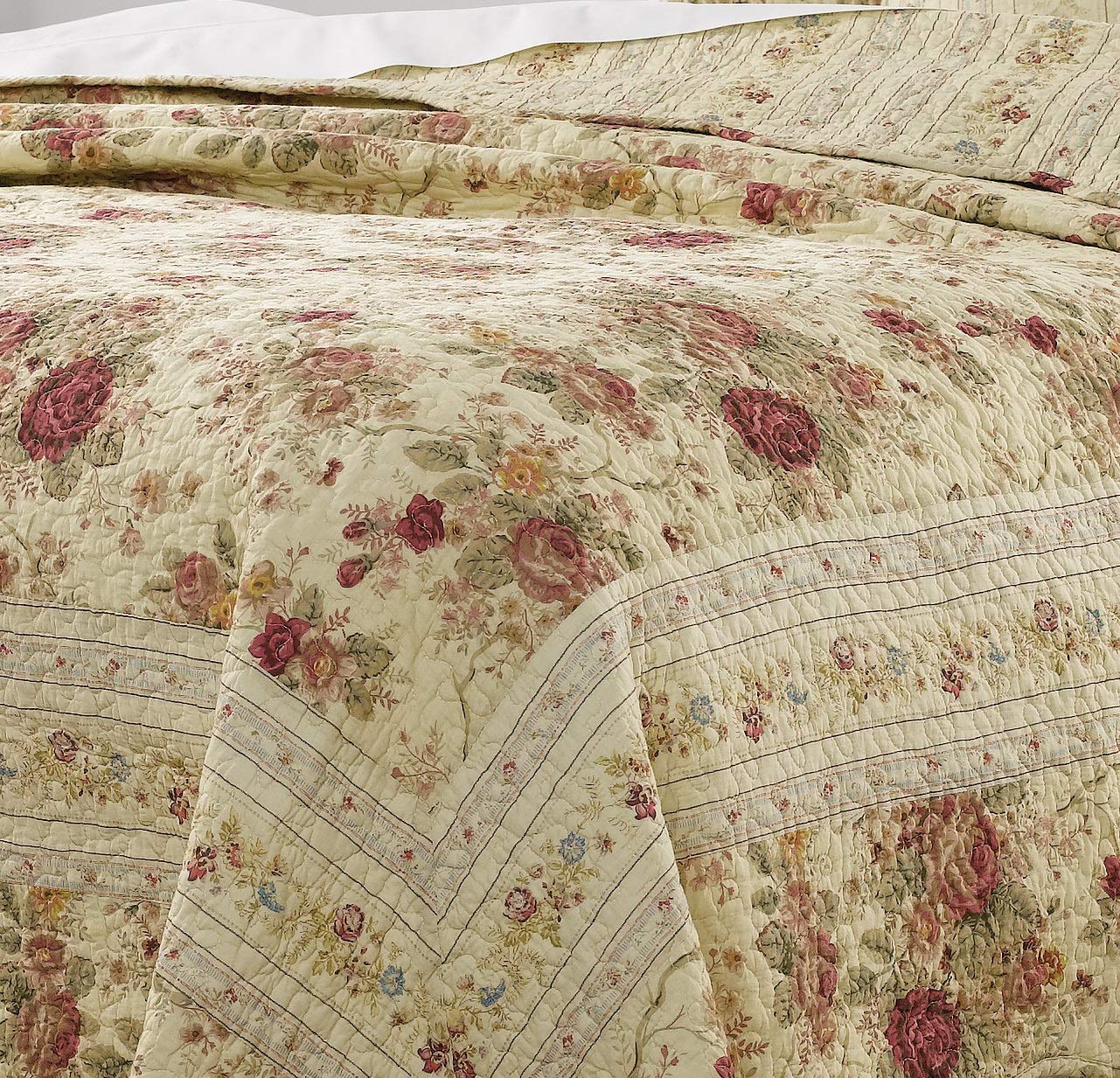 thumbnail image 2 of Antique Rose King 3-Piece Quilt Set - Shabby Chic Cream & Pink Floral Cottage Bedding 2 of 6