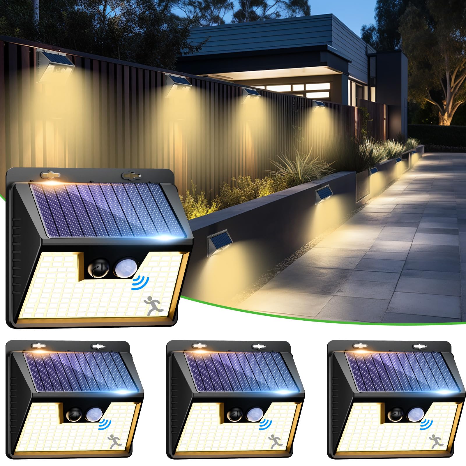 nipify Solar Lights Outdoor Motion Sensor, 4 Pack 140LED 3 Modes IP65 Waterproof Durable Solar Powered Wall Lights for Outside Garden Fence Yard Garage, Warm White — image 1