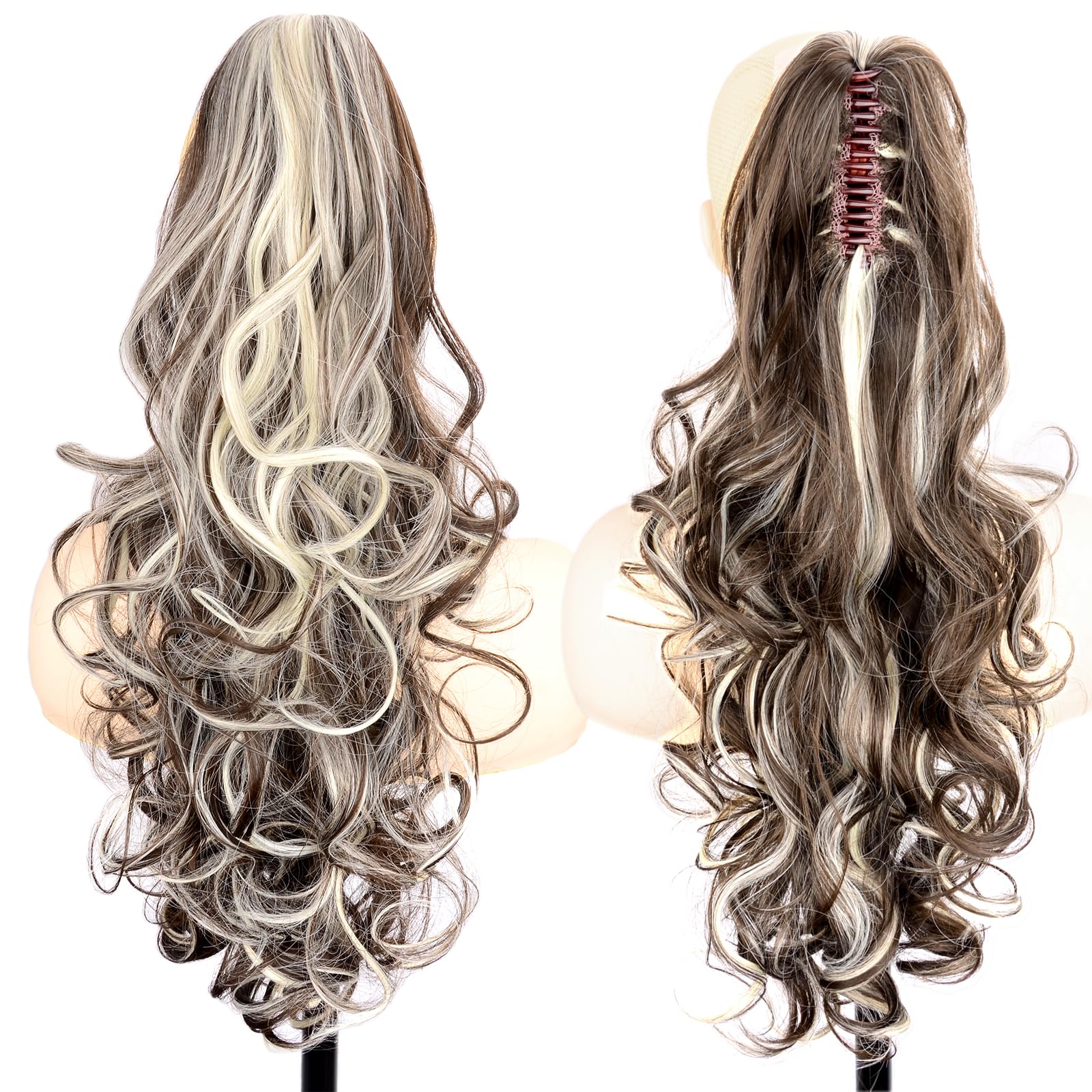 GLEDOLA Ombre Claw Clip In Wavy Loose curly Synthetic Wrap Around Ponytail Extensions Short Pony Tail Clip In Extensions for Women Girl (24 inch—Curly, Dark Brown mix White Blonde #8H613)