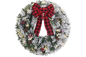Christmas Wreaths for Front Door, DECSPAS 24 Inch 2 FT Prelit Snowy Flocked Christmas Wreath with Timer 30 LED Lights Bow Red Berries Pine Cone, Xmas Wall Windows Decorations Home Decor Outdoor Indoor