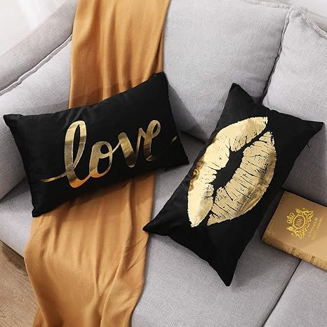 Ynester 2pcs Flannel Gold Decorative Lumbar Pillow Covers Love