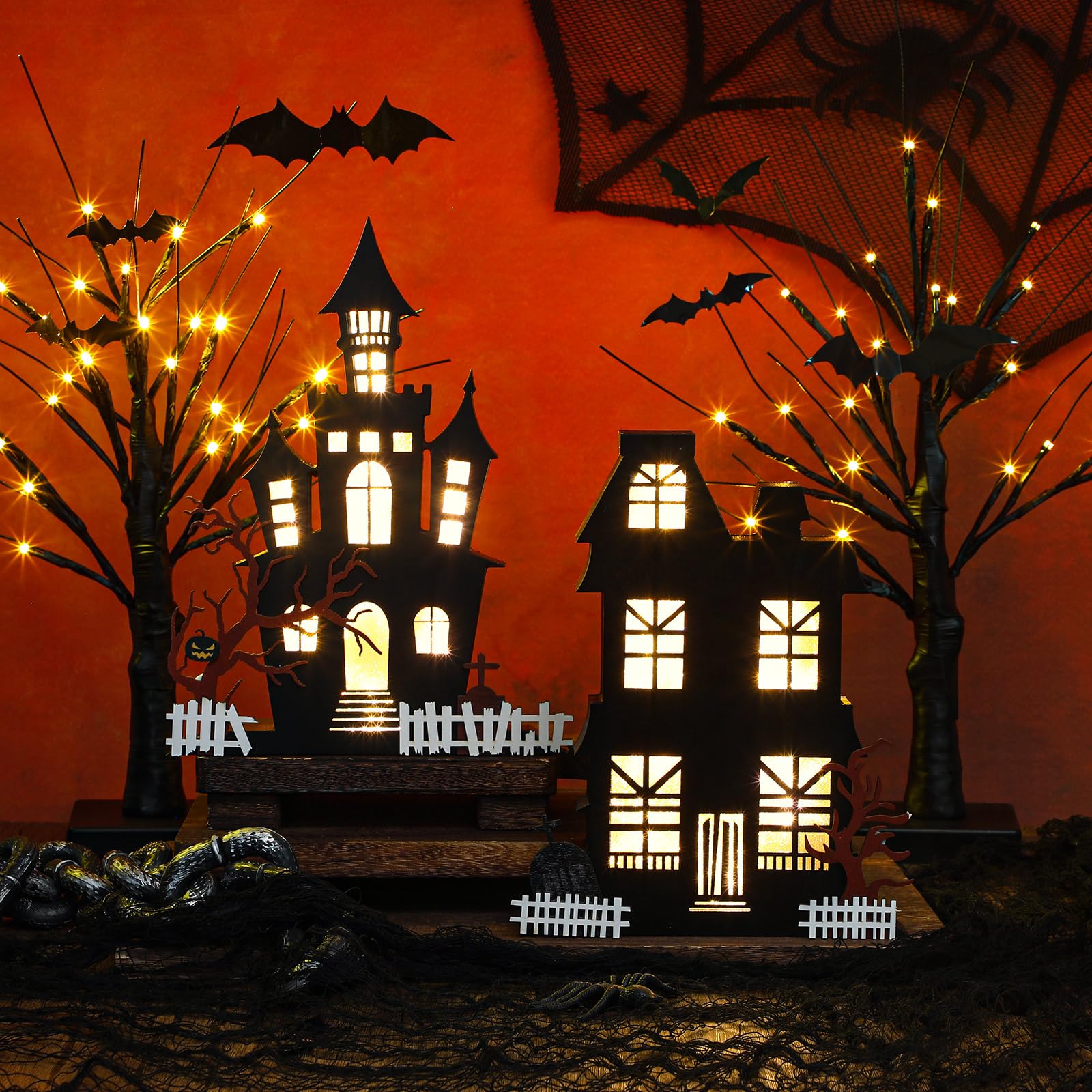 Photo 1 of Cinnvoice 4 Pcs Halloween Table Decorations Indoor, 2 Lighted Wooden Haunted House Decor, 2 Birches Tree Decor LED Battery Operated Halloween Decorations for Home Kitchen Ornaments