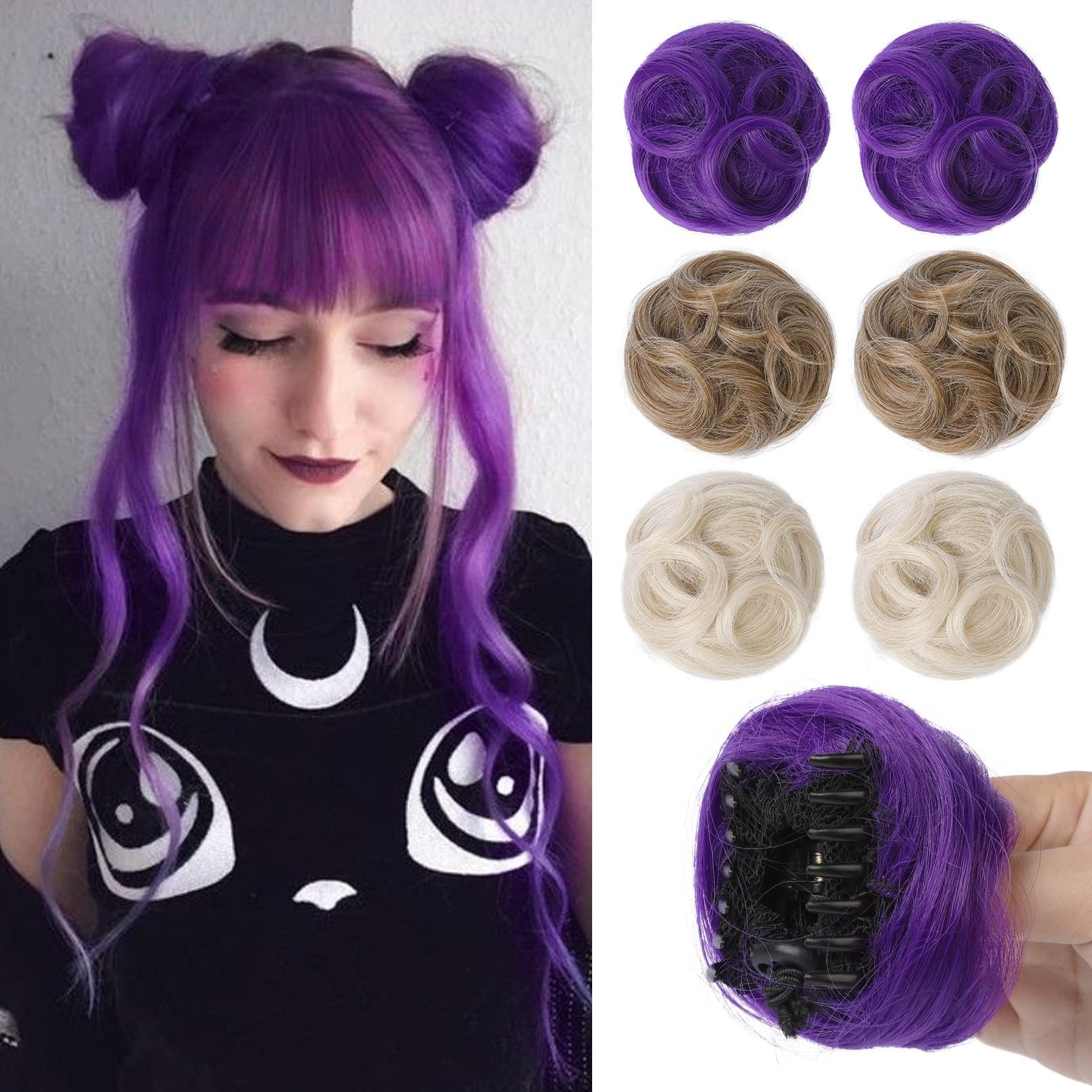 REECHO 2 PCS Mini Claw Clip in Messy & Cat Ears Hair Bun Extensions Wig Accessory Updo Hairpieces for Women Girls (Pack of 2-3.5" Wavy, Dark Purple) โ image 1