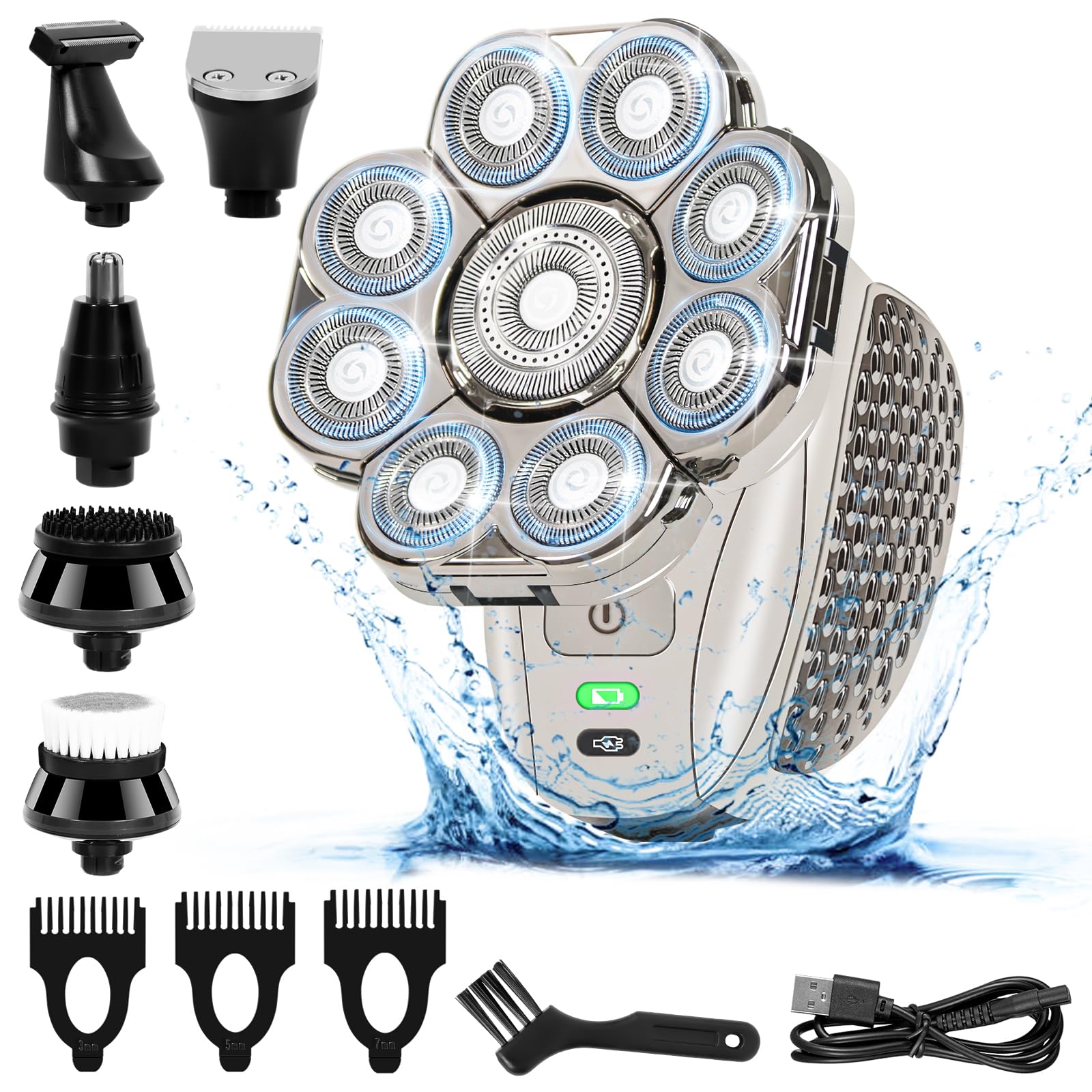 Electric Shaver for Men, 9D 6 in 1 Electric Shaver Bald Rechargeable Shaver Rotary Head Shavers IPX7 Waterproof Dry and Wet Professional Beard Body Nose Ears Head and Face