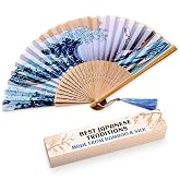 Silk Japanese Fan - Bamboo Handheld Folding Fan for Women, Ocean Wave Retro Style Pattern, 14.5x8.2" Vintage Fans, Colorful F